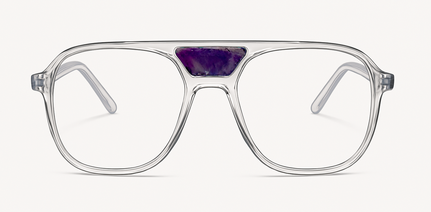 The "Karma" frames are nested with unique natural crystals. Clear frames with Blue light and UV blocker. Size: 54-16-145