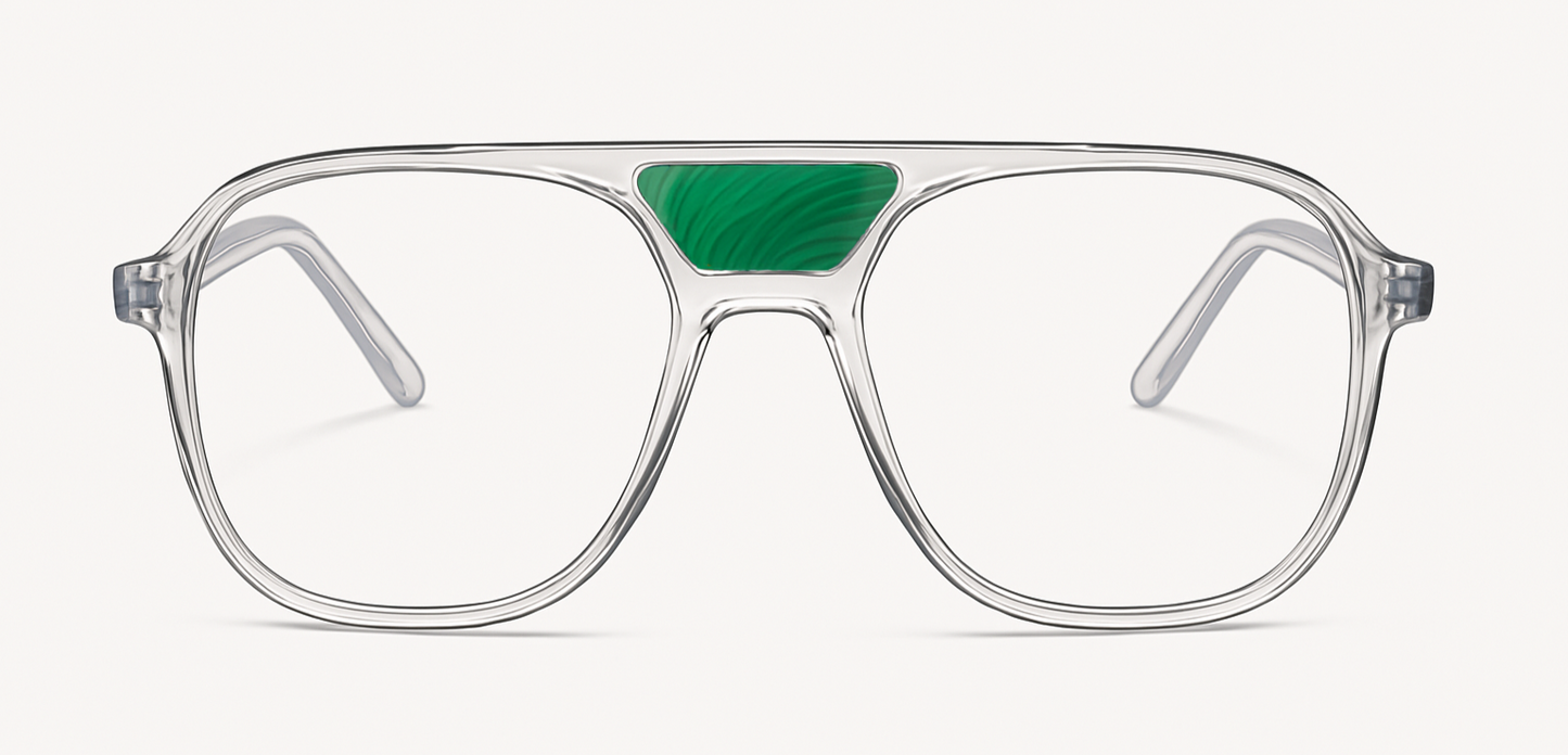 The "Karma" frames are nested with unique natural crystals. Clear frames with Blue light and UV blocker. Size: 54-16-145