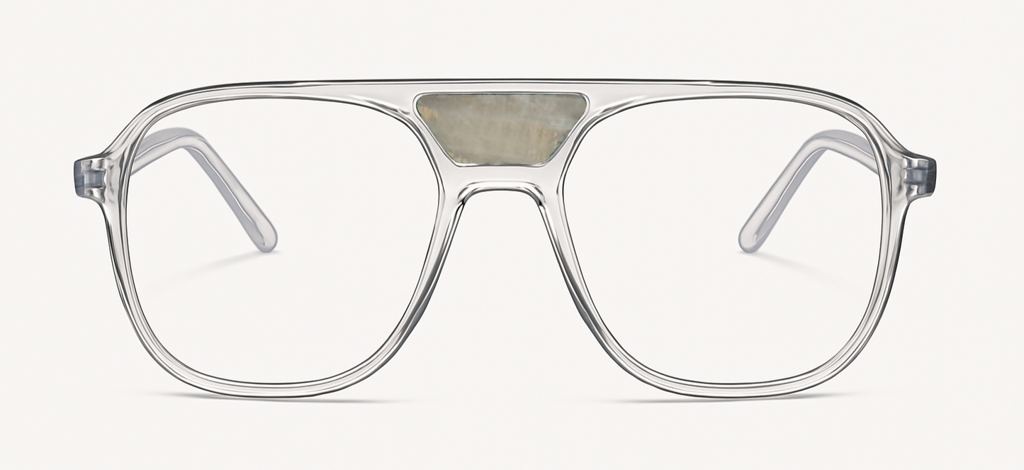 The "Karma" frames are nested with unique natural crystals. Clear frames with Blue light and UV blocker. Size: 54-16-145