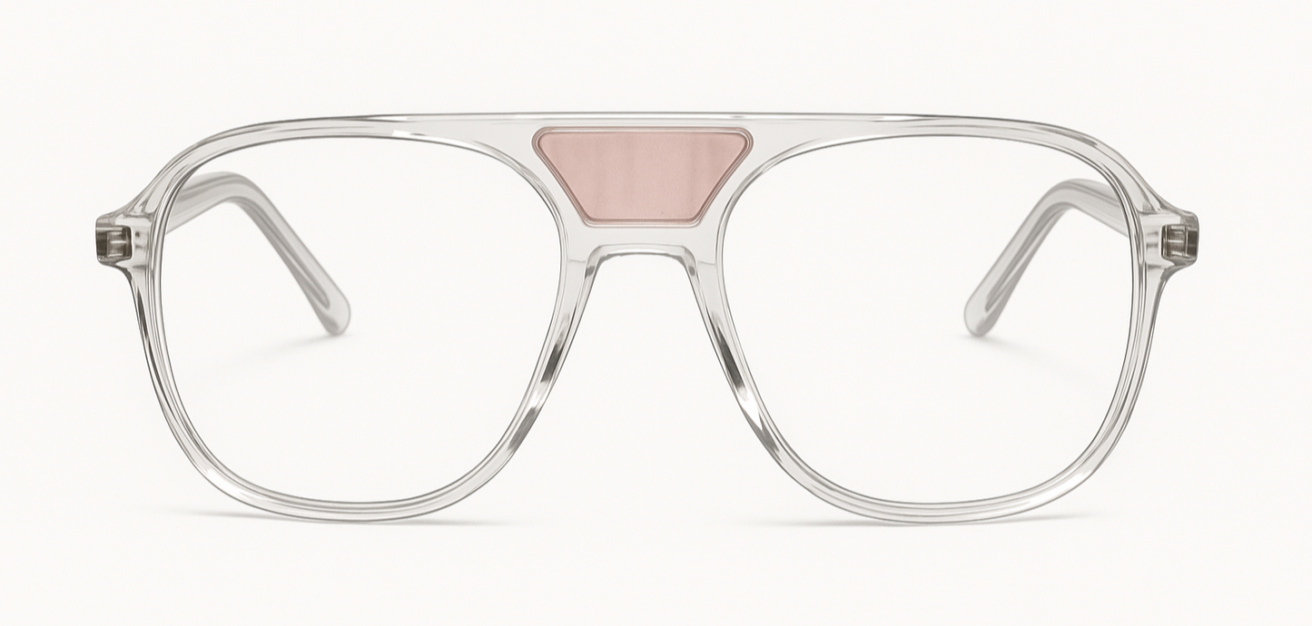 The "Karma" frames are nested with unique natural crystals. Clear frames with Blue light and UV blocker. Size: 54-16-145