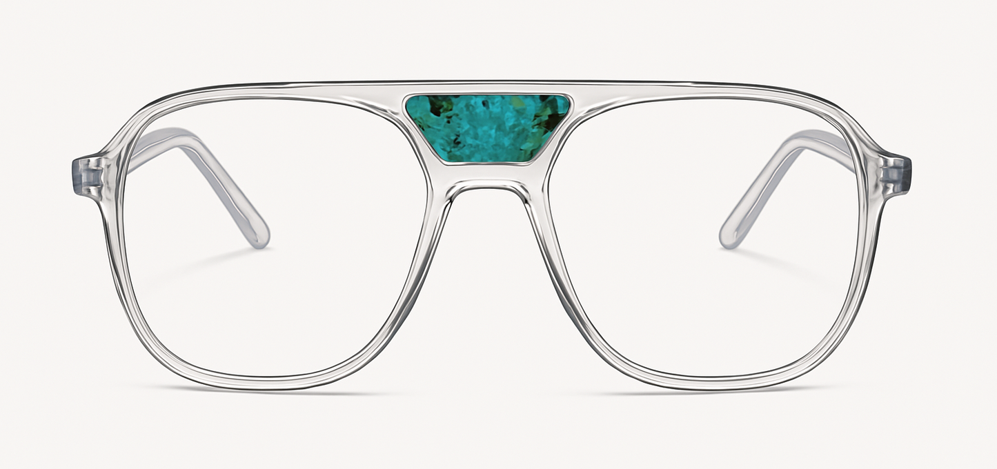 The "Karma" frames are nested with unique natural crystals. Clear frames with Blue light and UV blocker. Size: 54-16-145