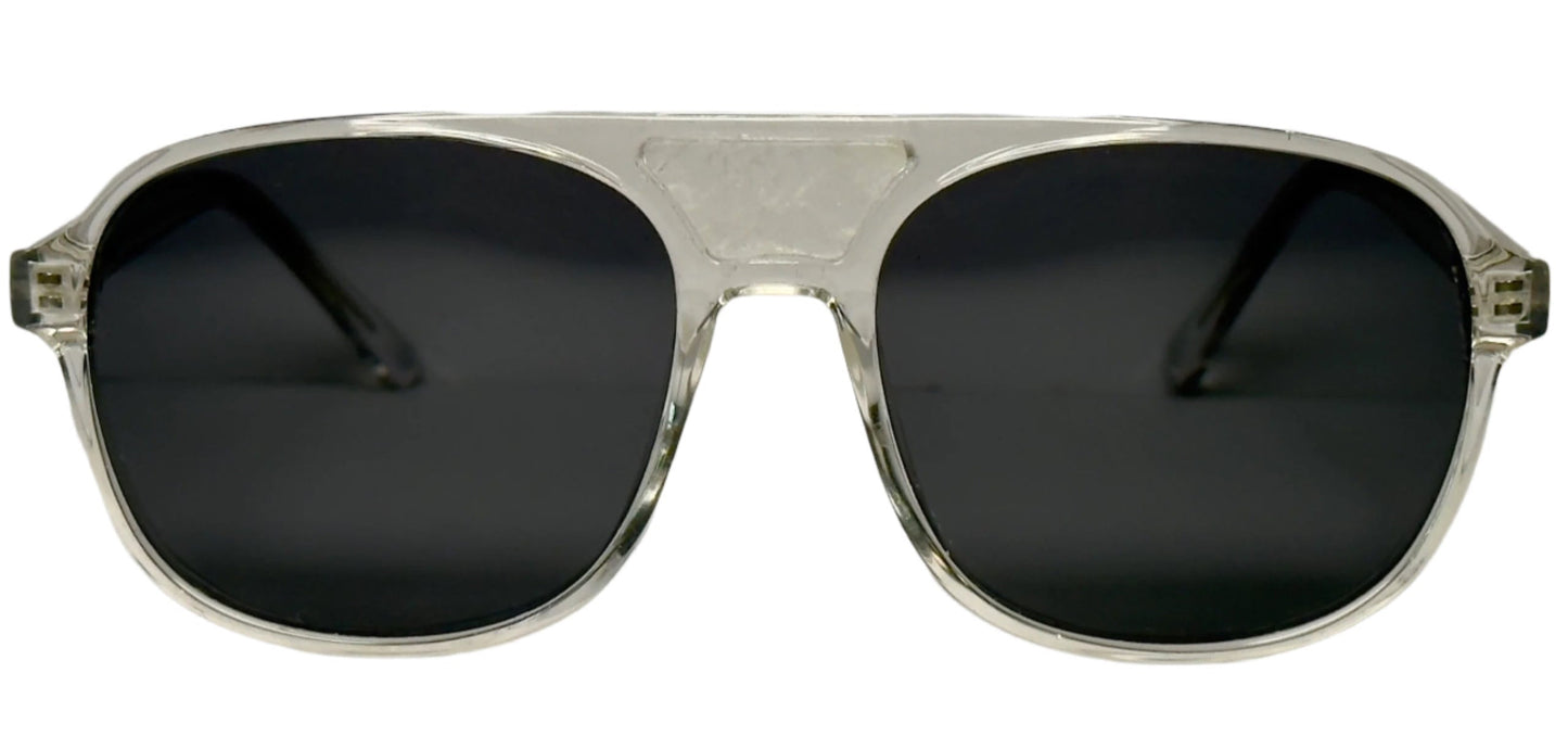 The "Karma" frames are nested with unique natural crystals. Clear frames with Polarized sunglass lenses. Size: 54-16-145