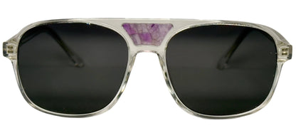 The "Karma" frames are nested with unique natural crystals. Clear frames with Polarized sunglass lenses. Size: 54-16-145