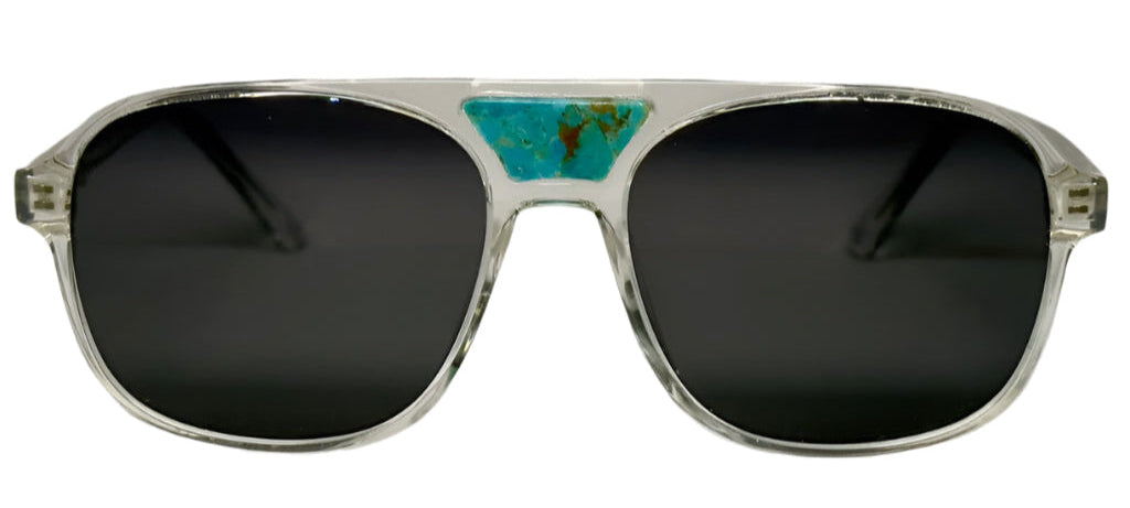 The "Karma" frames are nested with unique natural crystals. Clear frames with Polarized sunglass lenses. Size: 54-16-145